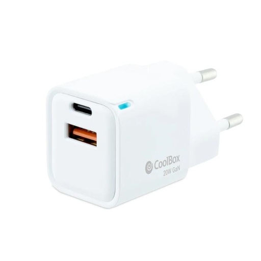[8437012429932] Coolbox Cargador Gan 20W USB-C/USB-A PARED